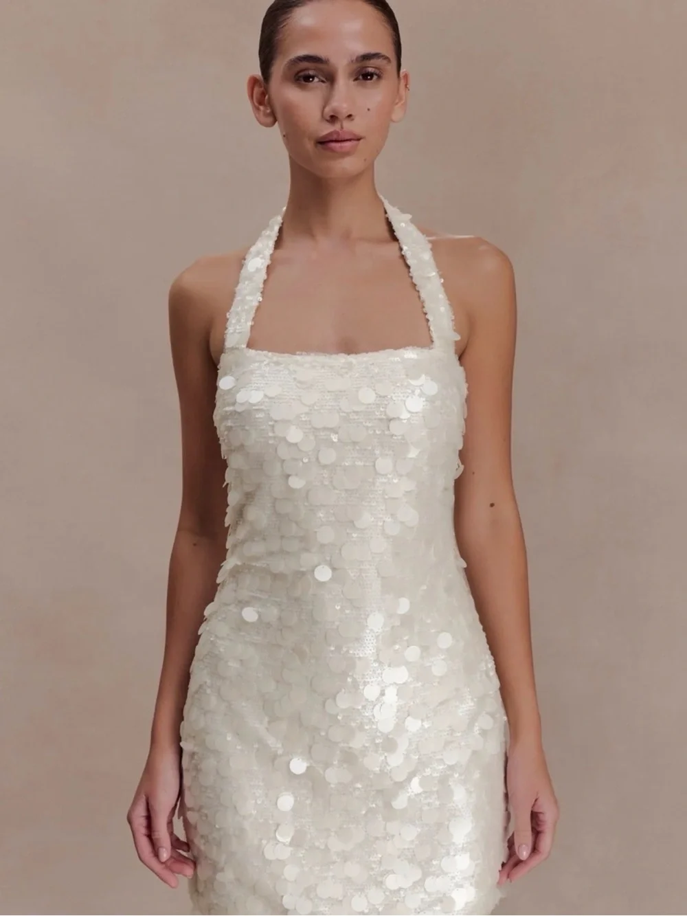 Meshki Ivory Sequin Halter Mini Dress
